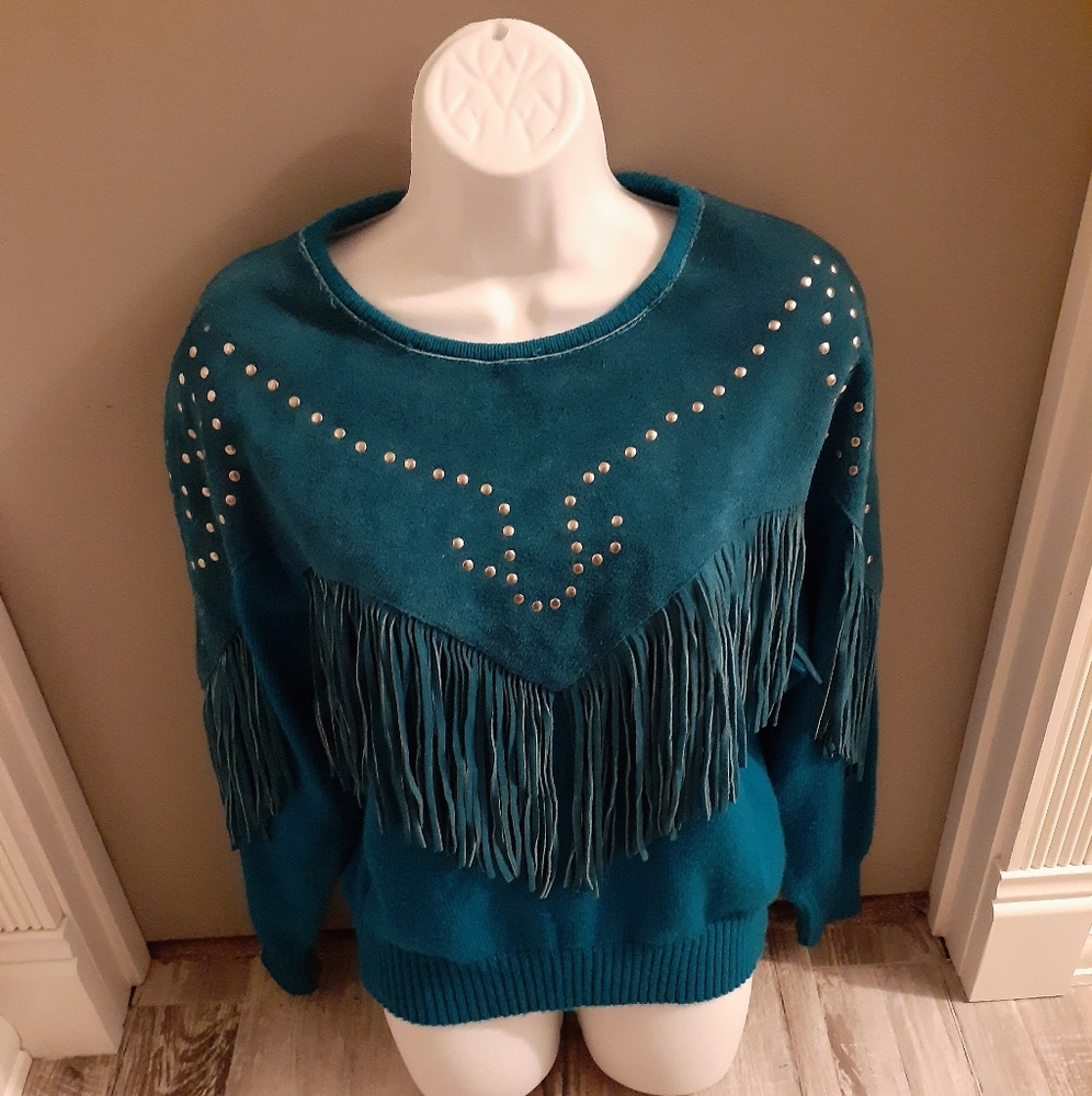 Cameo Rose Turquoise Leather Sweater with Fringe